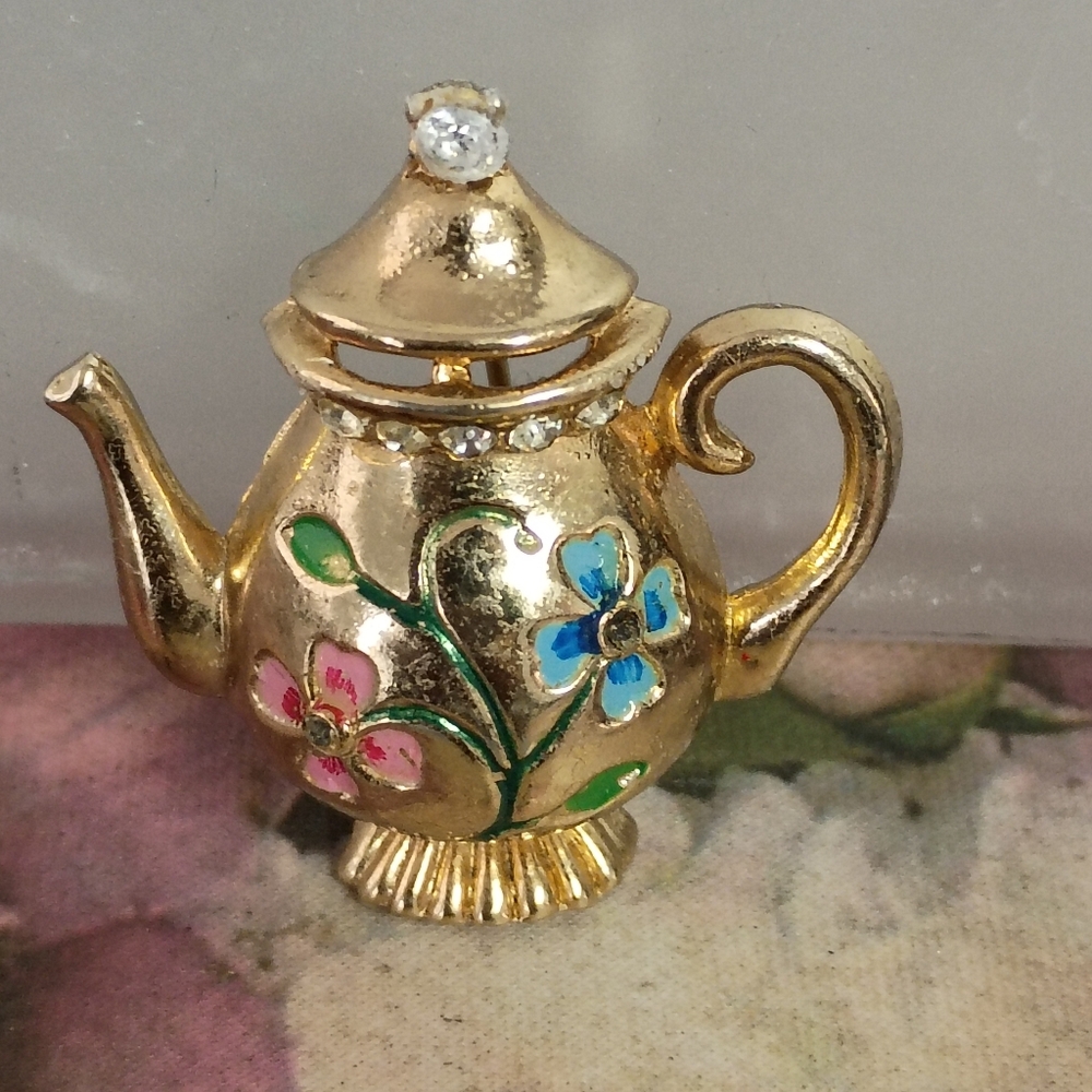❤️Vintage CORO ADOLPH KATZ JEWELED ENAMEL GOLD TONE TEAPOT BROOCH PIN
